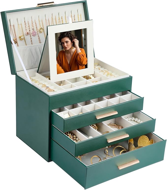 BOOVO Jewelry Boxes for Women, 5 Layer Jewelry Organizer with Necklace Hanger and Drawers, Large Jewelry Box for Earrings, Ne