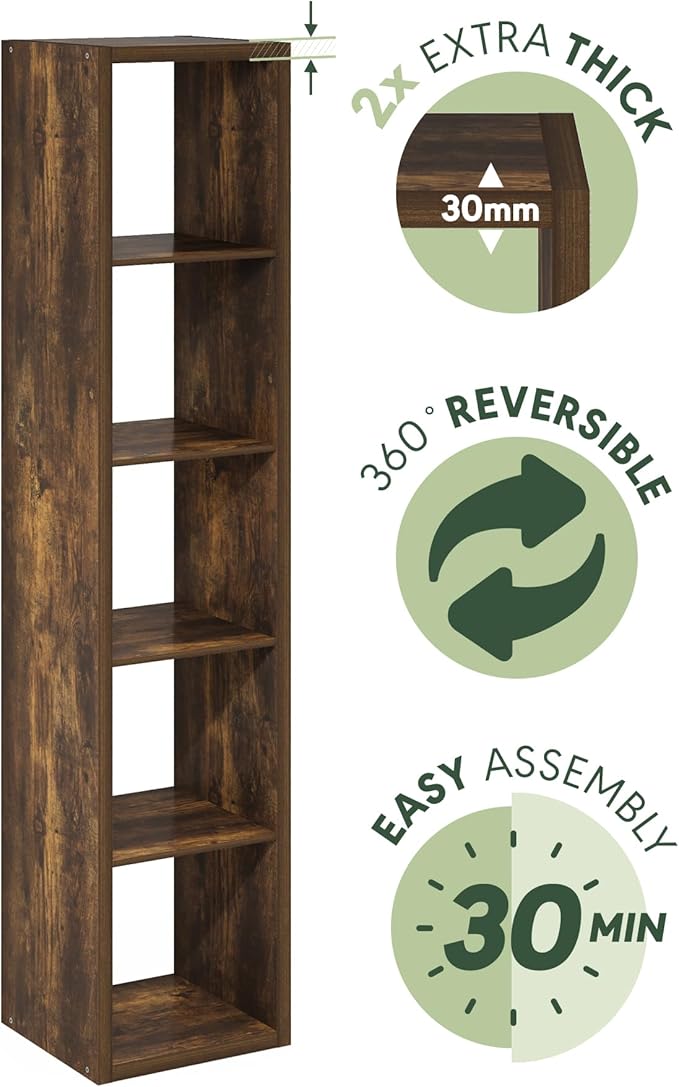 Furinno Cubicle Book Shelf, Vertical 5-Cube Bookshelf, Extra Thick Horizontally & Vertically Reversible Bookcase with Open Ba