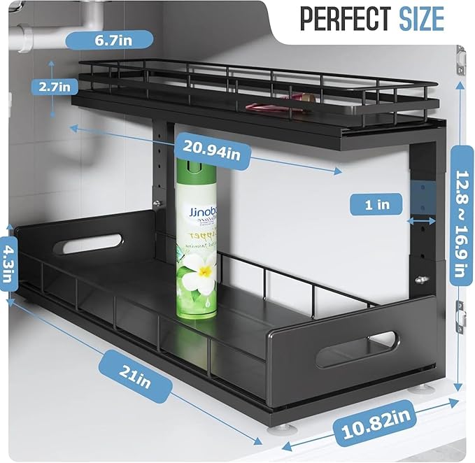 Under Sink Organizer Upgrade To Professional Rails,2-Tier Dual Pull Out Cabinet Storage,Height Adjustable Slide Out Drawers F