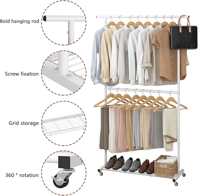 Sywhitta Double Rod Clothing Garment Rack, Rolling Coat Hanger with Bottom Mesh, Clothing Rack for Hanging Clothes, Coats, Sk