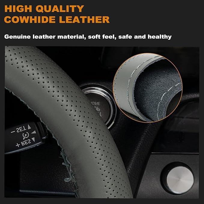 AUTOXBERT 38cm/15 Inch Genuine Leather DIY Steering Wheel Cover Soft Hand Sewing On Wrap Cover with Needles Thread fit for VW