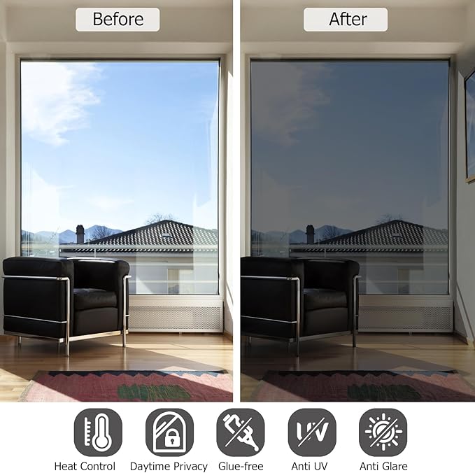HIDBEA One Way Window Film, Daytime Privacy Sun Blocking Reflective Window Film No Glue Static Cling Heat Control Window Tinting Film for Home and Office, Black Silver, 29.5 x 157.5 Inch
