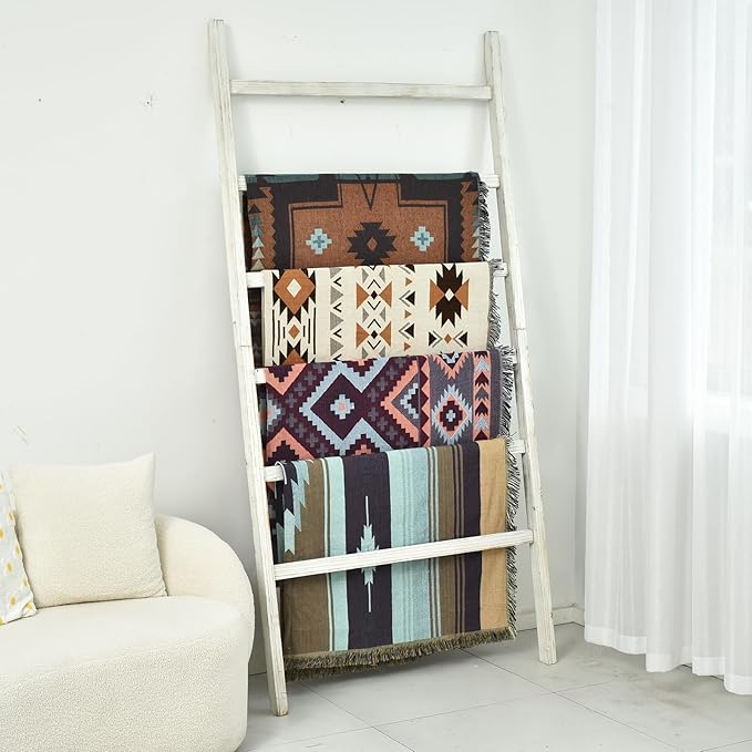 FUIN Extra Wide 6.4ft Wooden Blanket Ladder Living Room Decorative Wal Leaning Farmhouse Quilt Display Holder Rustic Wood Tow