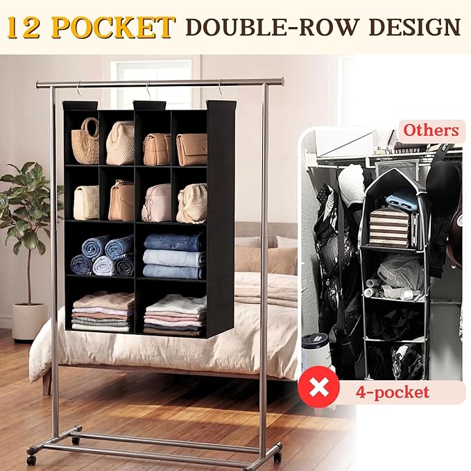 Ofiray-home 4 Tier Hanging Closet Organizer, 12 Compartments Sweater Organizer for Closet with 3 Sturdy Hooks, Closet Organiz