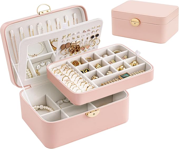 Lolalet 2 Layer Jewelry Box with Lock and Key for Teen Girls & Young Women, Jewelry Organizer Case with Round Clasp and Mirro