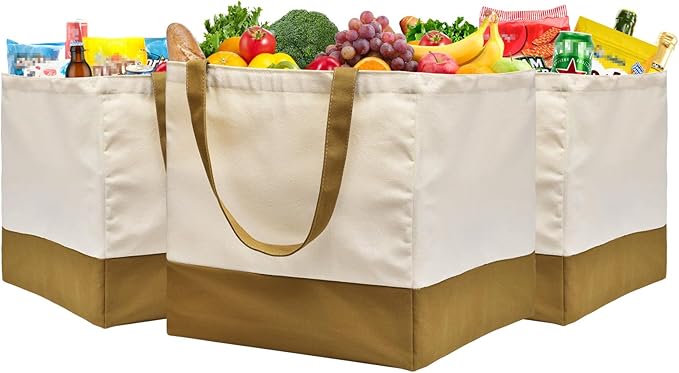 3 Pack Canvas Reusable Grocery Bags Heavy Duty, 8.3 gal Foldable Large Tote Bag with Handles, Holds 60 lbs Canvas Shopping Bags & Washable Eco-friendly Bags with 5 Pockets, camel+Off white