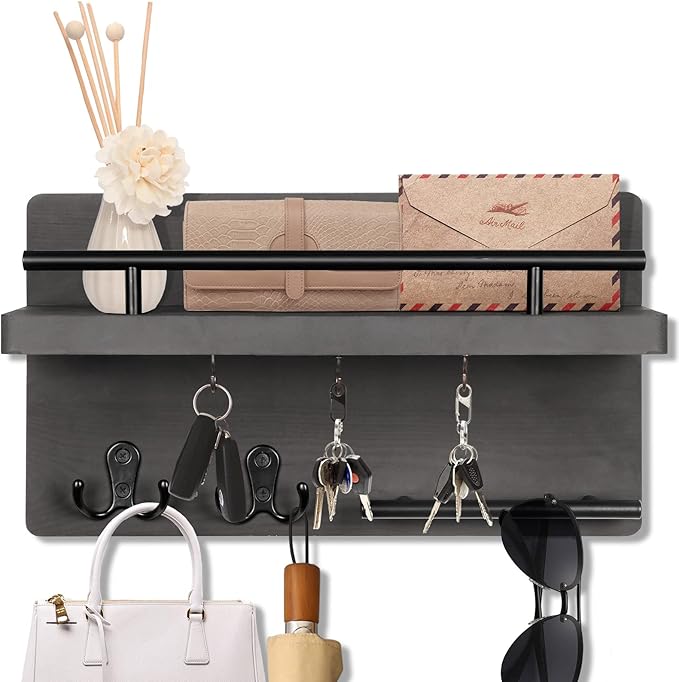 OurWarm Wall Mounted Key Hanger with 5 Hooks, Decorative Wooden Mail Organizer with Shelf, Rustic Home Decor for Entryway, Mu