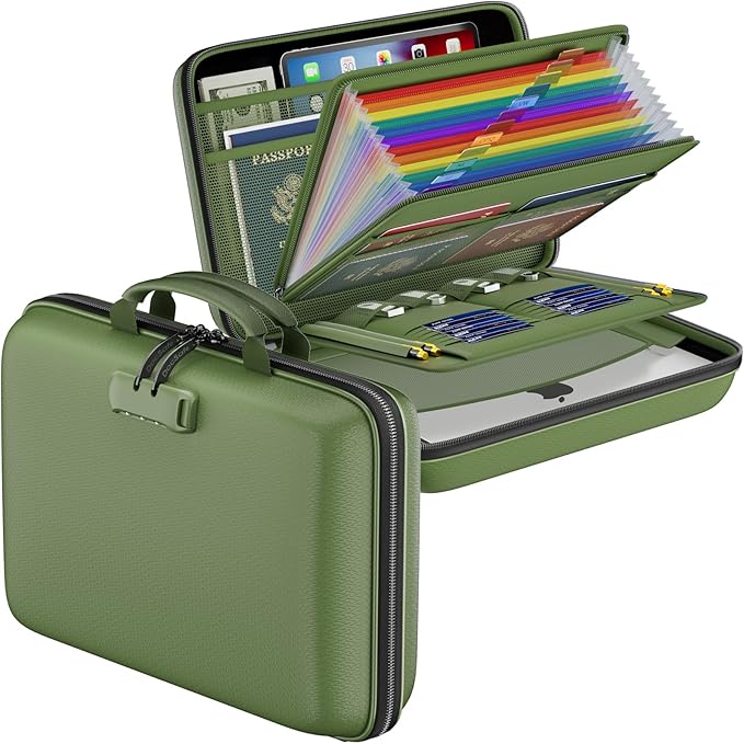 DocSafe Fireproof File Organizer with Lock, Hard-Shell Case Fireproof Document Box with 13 Pocket Accordion File Folder, Port