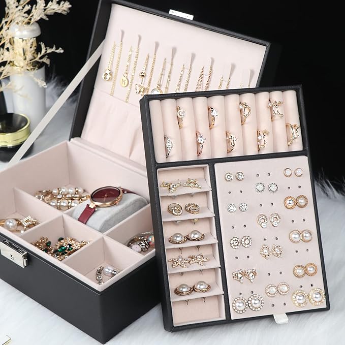 Jewelry Box for Women Girls, 2 Layers Jewelry Organizer Container with Lock, PU Leather Storage Case with Removable Tray, Jew