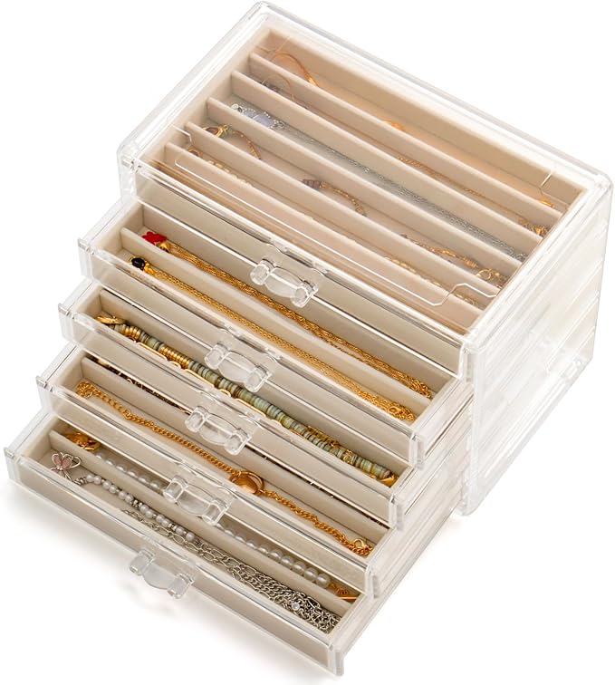 Necklace Organizer Box with 5 Drawers 30 Compartments, Dustproof Velvet Necklace Display Tray, Acrylic Necklaces Display Case