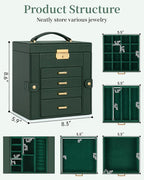 TORIBIO Jewelry Box for Women, Leather Jewelry Organizer with Mirror & Lock, 5-Tier Jewelry Storage Organizer with 4 Drawers 