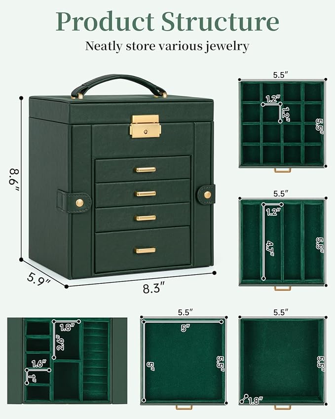 TORIBIO Jewelry Box for Women, Leather Jewelry Organizer with Mirror & Lock, 5-Tier Jewelry Storage Organizer with 4 Drawers 