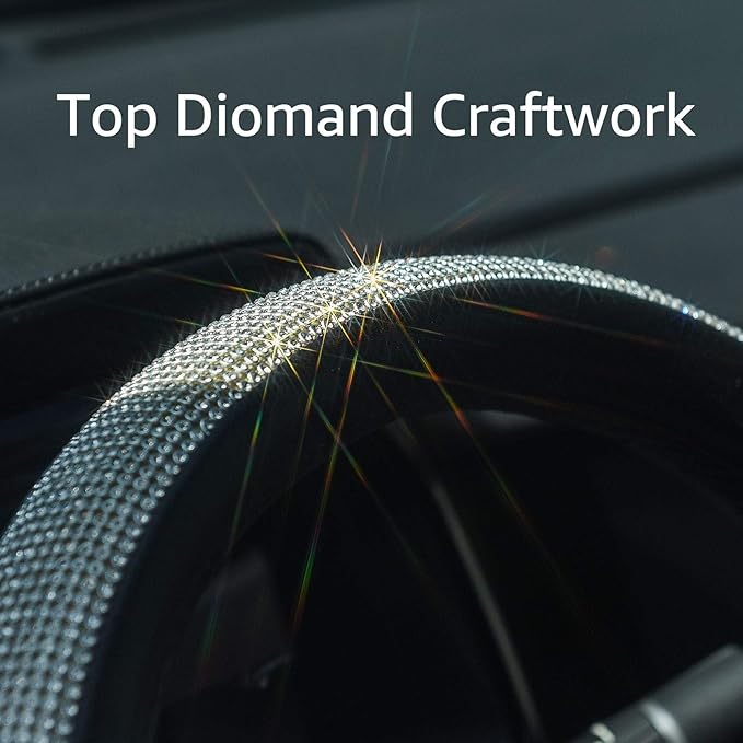 ChuLian D Sharp Diamond Leather Steering Wheel Cover with Bling Bling Crystal Rhinestones, Universal Fit 15 Inch Car Wheel Pr