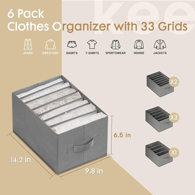 Criusia 6 Pack Large Clothes Organizer, Wardrobe Closet Organizer and Storage with Handles, Foldable Fabric Closet Organizers