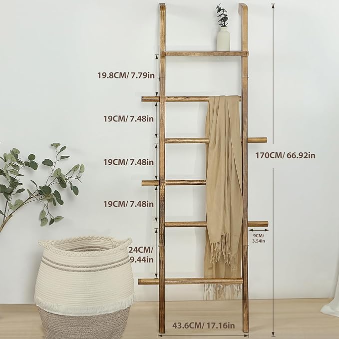Taozun 67-Inch Wooden Blanket Ladder with Shelf for Living Room - 5-Tier Farmhouse Towels and Quilt Rack Decor - Leaning Wall