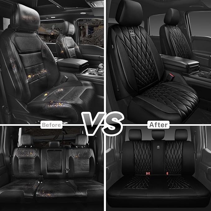 CAR PASS 5 Seats Piping Luxury Faux Leather Seat Covers Full Set, Anti-Slip Waterproof Seat Covers Compatible with Front Armr