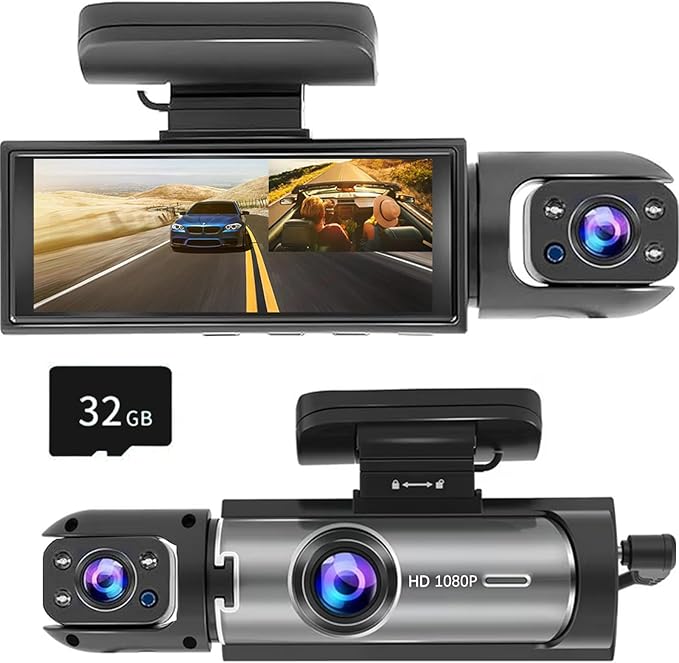 Dash Cam Front and Inside, 1296P Dual DashCams for Car, 3.16 Inch IPS Screen Driving Recorder with IR Night Vision, Loop Reco