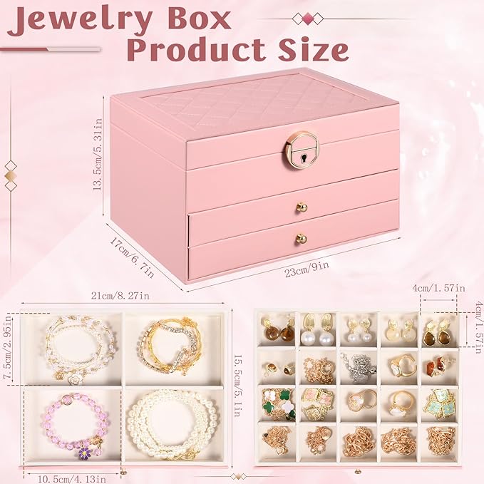 3 Layer Jewelry Boxes Large Jewelry Holder Organizer Case with 2 Jewelry Organizer Drawer PU Necklace Organizer Lockable Upgr