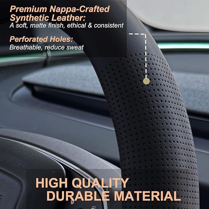 PINCTROT Nappa Leather Steering Wheel Cover for Tesla Model Y/3 Highland/Juniper, D Shaped 14 Inch Small Sized with Breathabl