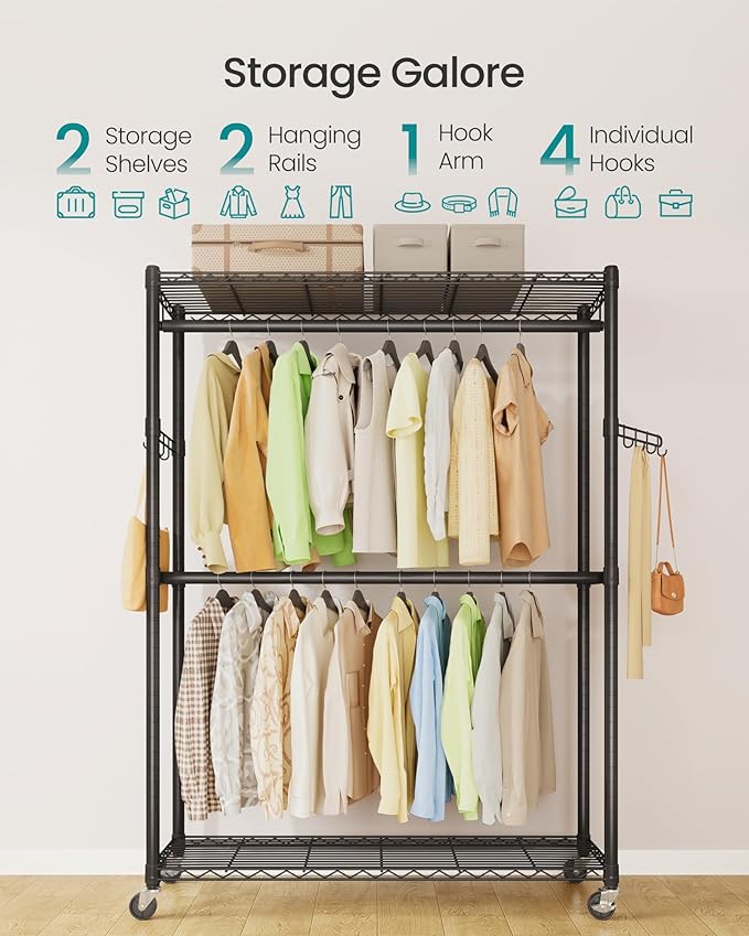 SONGMICS Heavy-Duty Rolling Clothes Rack, Garment Rack, Portable Closet on Wheels, with Adjustable Mesh Shelves and Hanging R