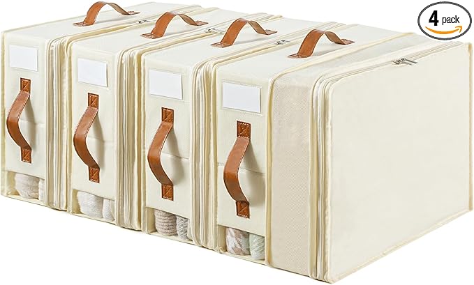 Bed Sheet Organizers and Storage, 4 Pack Linen Closet Organizers with Adjustable Zipper, Foldable Bedding Storage for Queen o