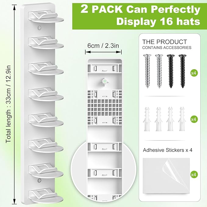 Haiou Hat Rack Hat Organizer for Baseball Caps Wall Mounted Hat Hanger Strong Adhesive Hat Hooks Hold up to 16 Hats for Home 