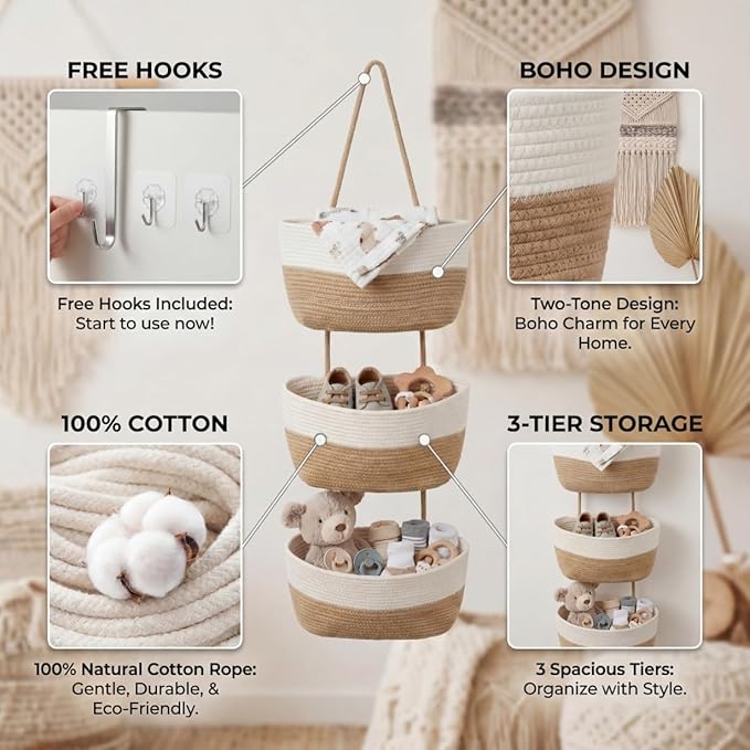 Hanging Wall Basket, Over the Door Hanging Basket with Hooks, 3-Tier Cotton Hanging Basket for Organizing, Decorative Boho Ch