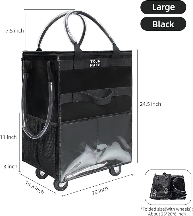 Reusable Grocery Bag with Wheels (Large, Black), Shopping Trolley with 8 Pockets and Zipper Cover Foldable Rolling Tote for Women, Kitchen, Travel, Carries Up to 66LBS