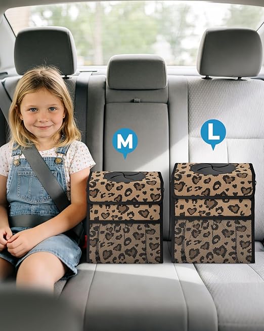 Corduroy Car Trash Can with Lid and Mesh Pockets - Leakproof Organizer,Multipurpose Waterproof Garbage Can/Trash Bin for Car(Leopard Print-3 Gallons)