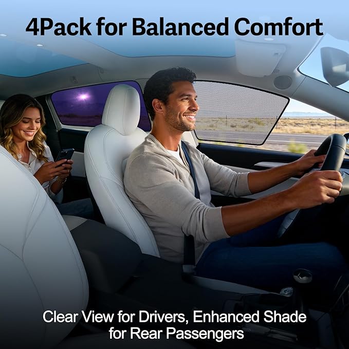 ZATOOTO Tesla Model Y Car Window Shades 4Pack | Clear for Safe Driving | Bluish-Purple for Passenger Comfort | UV Protection | Static Cling Side Window Sun Shade Blocker with Storage Bag | 2020-2024 |