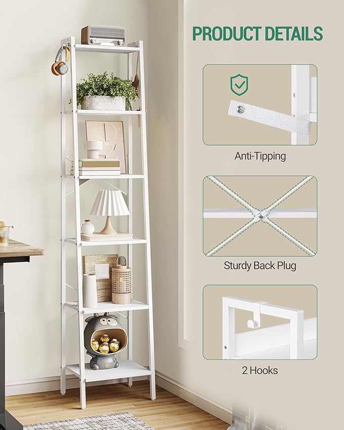 Hzuaneri Ladder Shelf, Bookshelf Bookcase, Freestanding Corner Storage Shelve with 2 Hooks for Home Office, Living Room, Kitc