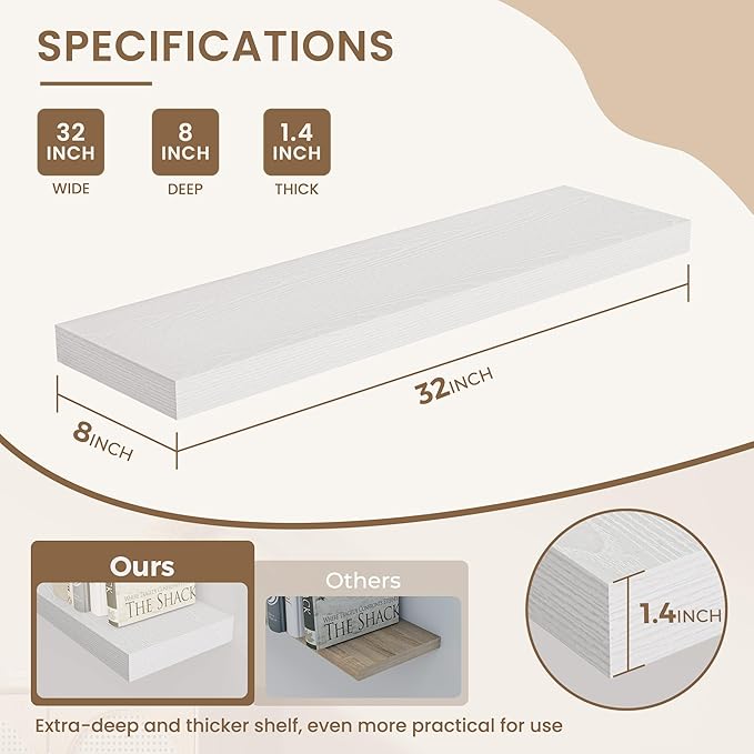 Dreamland 8" Deep Long Floating Shelves, 32 Inches Floating Shelves for Wall Set of 2, Large Display & Storage Shelf, Wall Sh