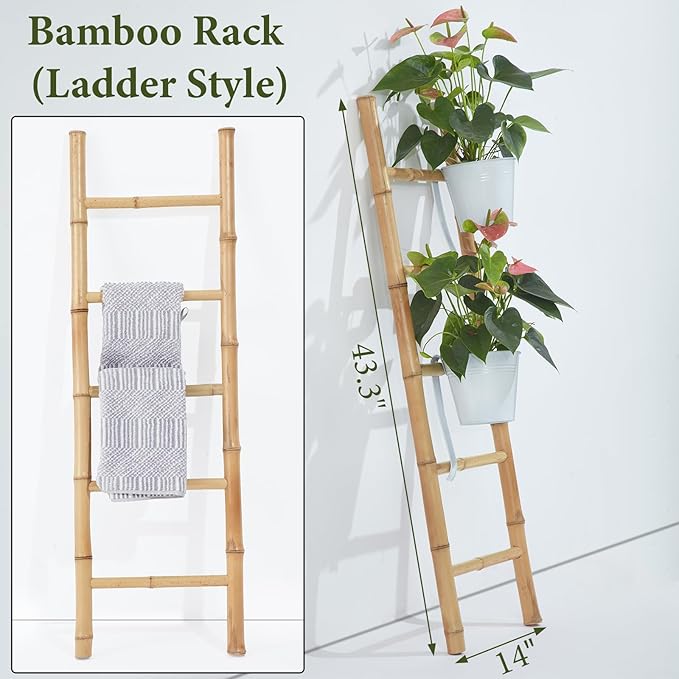 Bamboo Blanket Ladder for Living Room, Towel Clothes Quilt Plant Decorative Farmhouse Wall Leaning Display Ladder Shelf for B