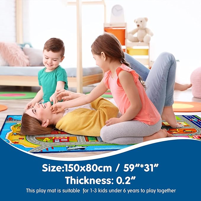 Booooom Jackson Kids Carpet Playmat with 12 Toy Cars for Age 3+ Colorful Non Slip City Rug for Kids Track Play Mat Playroom B
