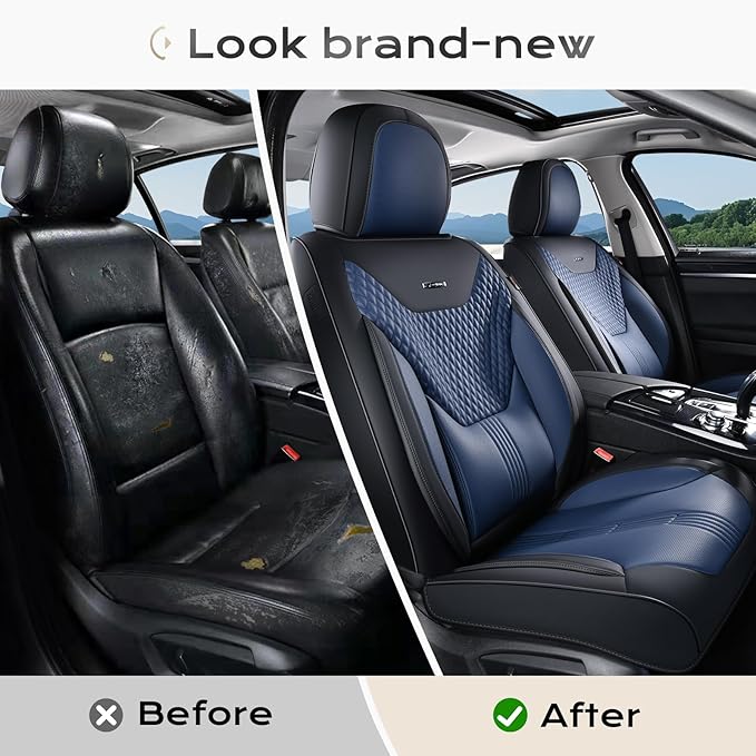 Coverado Car Seat Covers Full Set, Front Seat Covers with Lumbar Support and Back Seat Cover Waterproof Leather Automotive Se
