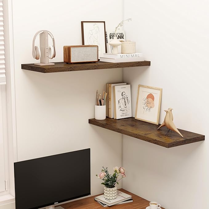 Dreamland 36" Floating Shelves for Wall, 12" Deep Slim Rustic Brown Floating Shelves, Wall-Mounted Shelves for Bedroom, Livin