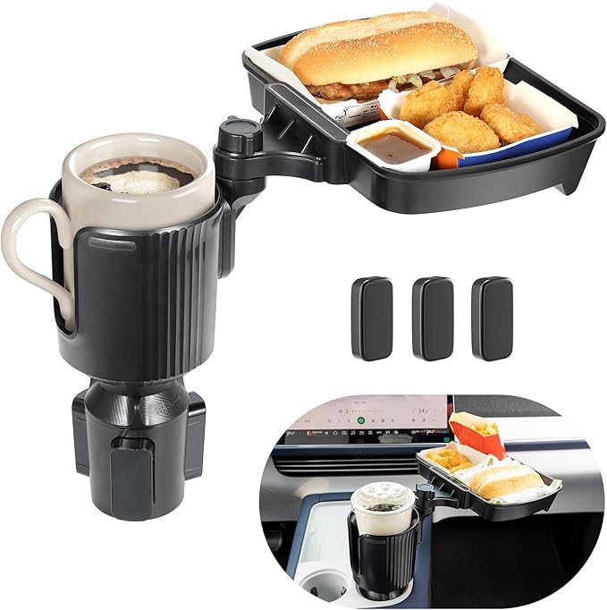 Car Large Cup Holder Expander, 2-in-1 Cupholder Extender with Swivel and Detachable Snack Food Tray Table for Eating, Travel 
