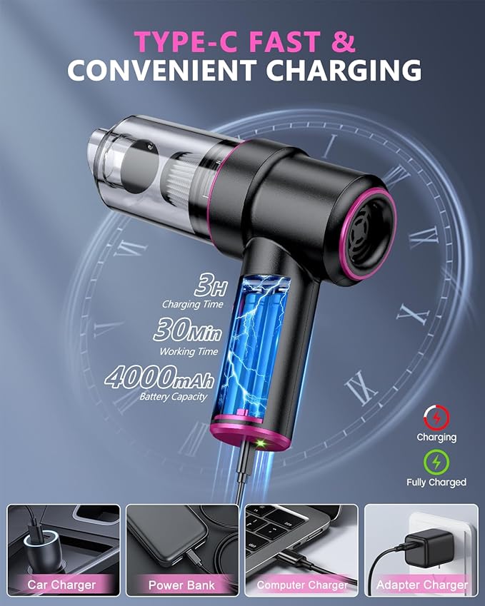 CODN Handheld Car Vacuum Portable Cordless 12000PA, 2 in 1 Handheld Vacuum Cleaner and Air Duster with Multi-Nozzles and LED 
