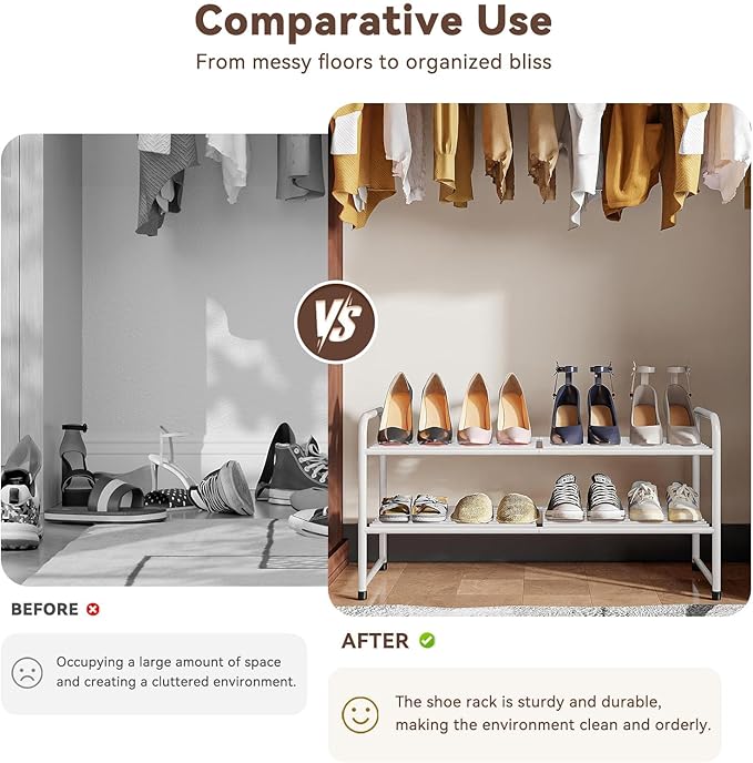 2 Tier Stackable Shoe Rack, 32.5" Wide All Metal Free Standing Shoe Storage Organizer for Entryway, Closet, White