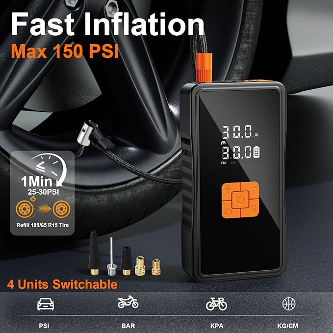 Preciva 8000mAh Jump Starter - 8000A Peak Car Battery Charger with Smart Air Compressor (150PSI), Tire Repair Kit, Power