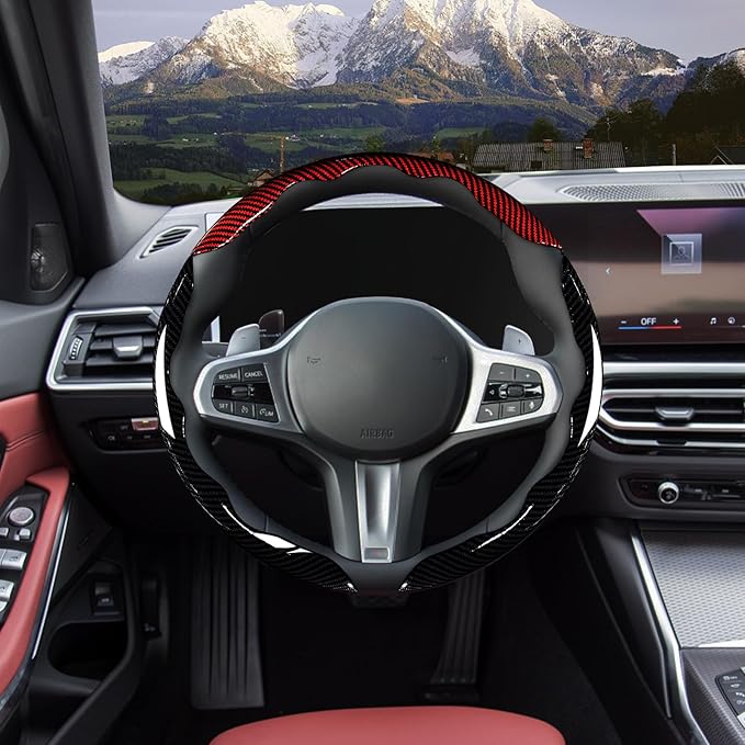 Car Steering Wheel Cover Set Bright Carbon Fiber Wrap Non-Slip 3pcs Steering Wheel Accessories 14.5-15 inch Universal (Red Black)