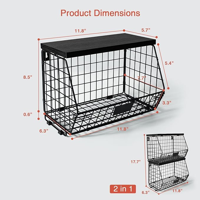 Goozii Black Kitchen Wall Hanging Storage Basket Set of 2, Rustic Stackable Kitchen Counter Fruit Organizer, Wire Baskets Con