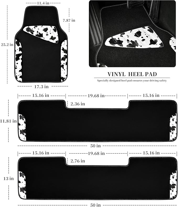 CAR PASS Waterproof Universal 3 Row Car Floor Mats, Cow Print Car Mats Fit for SUV,Vans,sedans, Trucks,Set of 3 Row Vehicles 