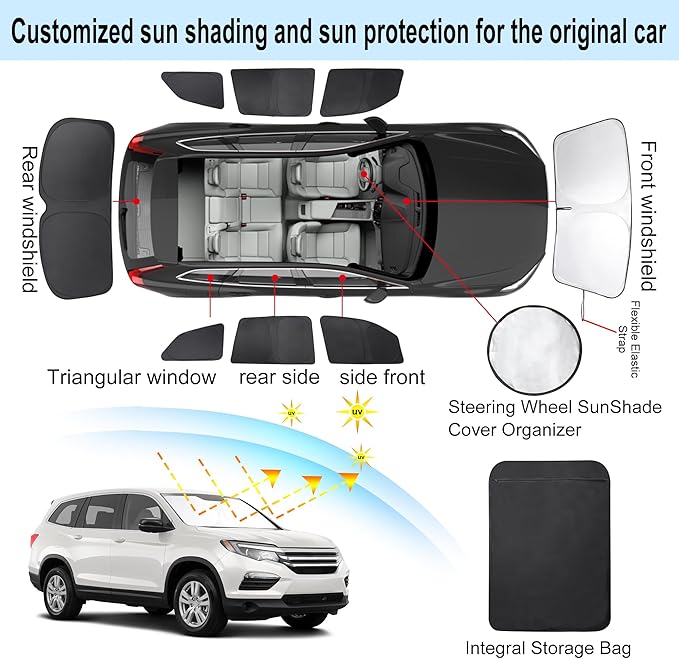 TINGLU Window Shades for Honda Pilot 2016-2026 EX-L Special Edition Elite Black Edition Touring Accessories Car Side Full Windows Rear Windshield Sun Shade Camping Sun UV Rays Privacy Protection 8PCS