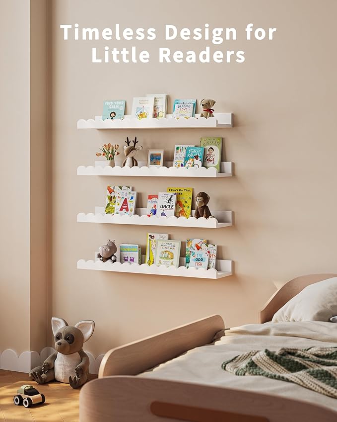 Shario Nursery Book Shelves, 4-Pack White Floating Shelves for Wall Kids, Scalloped Shelves, Wall Book Shelves for Bedroom Ki