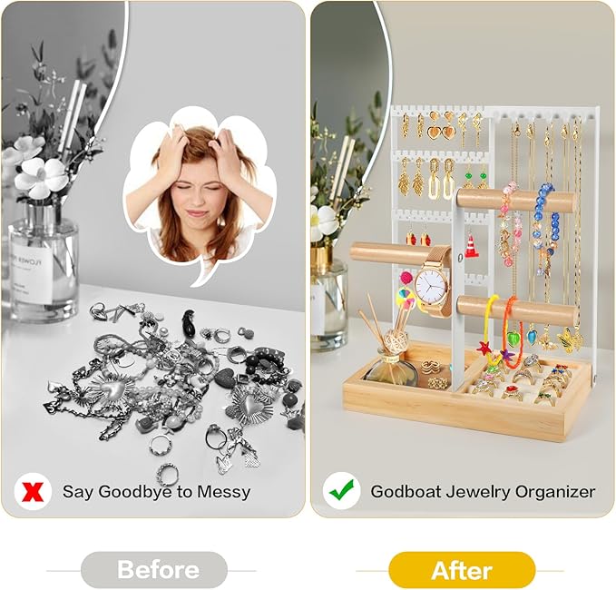 Godboat Jewelry Organizer, 4-Tier Earring Holder Organizer with 48 Holes, 6 Hooks Necklace Rack, Bracelet and Ring Stand with