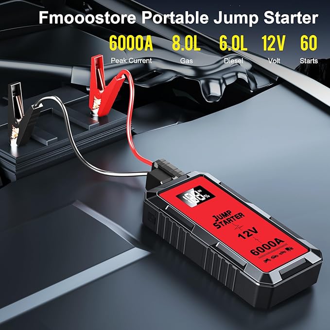 6000A Car Jump Starter, 12V Jump Starter Battery Pack (All Gas,up to 10.0L Diesel Engine) Jumper Cables Portable Lithium