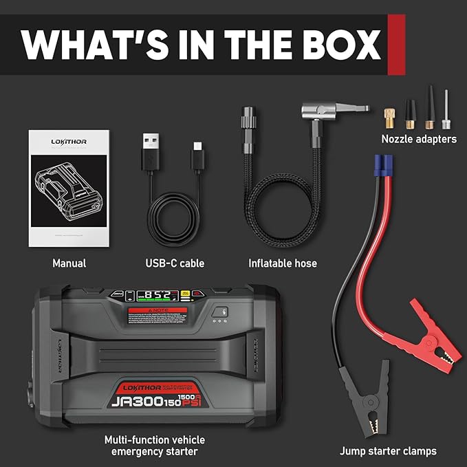 LOKITHOR JA300 Jump Starter with Air Compressor 1500Amp 12V Portable Car Battery Booster Pack for Upto 7.0L Gas or 4.5L