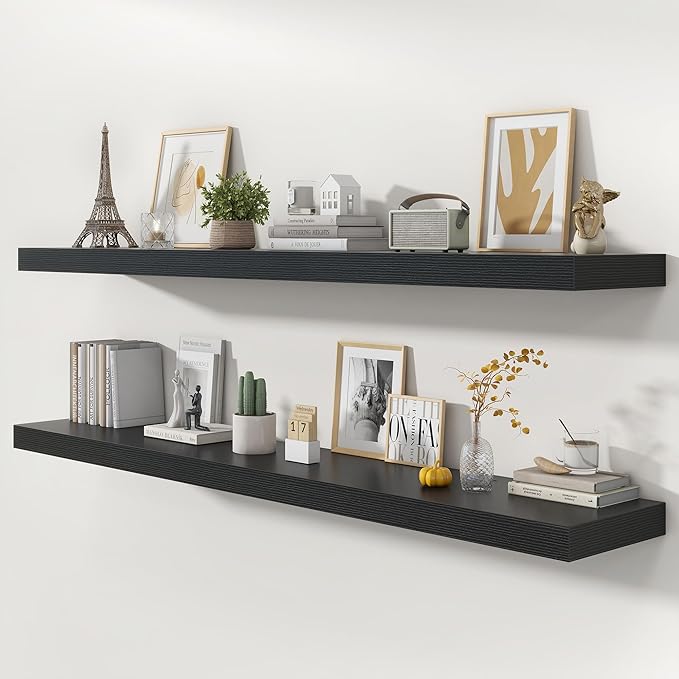 72 Inch Floating Shelves | 12 Inch Deep Black Floating Shelves Set of 2 | 72" W x 12" D Rustic Black Wood Wall Shelves for Ba