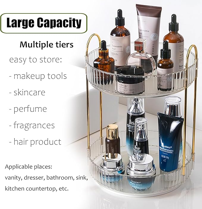 Rotating Makeup Organizer Countertop 2 Tier Lazy Susan Trays Clear Skincare Perfume Storage for Bathroom Counter Vanity, Tran